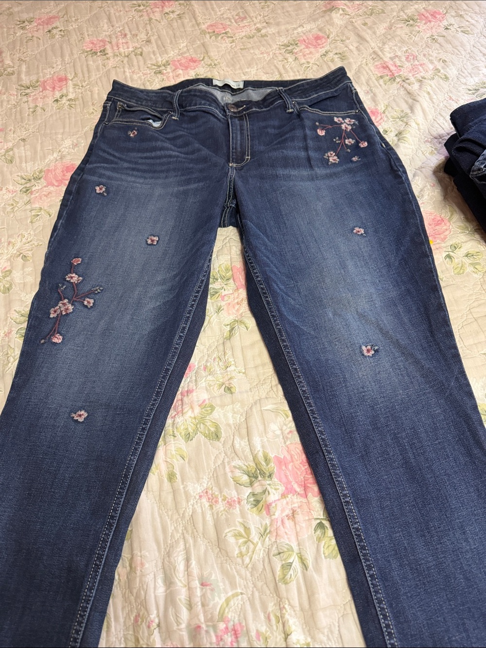 Maurices Dark Blue Skinny Jeans with Pink Floral Embroidery Accents